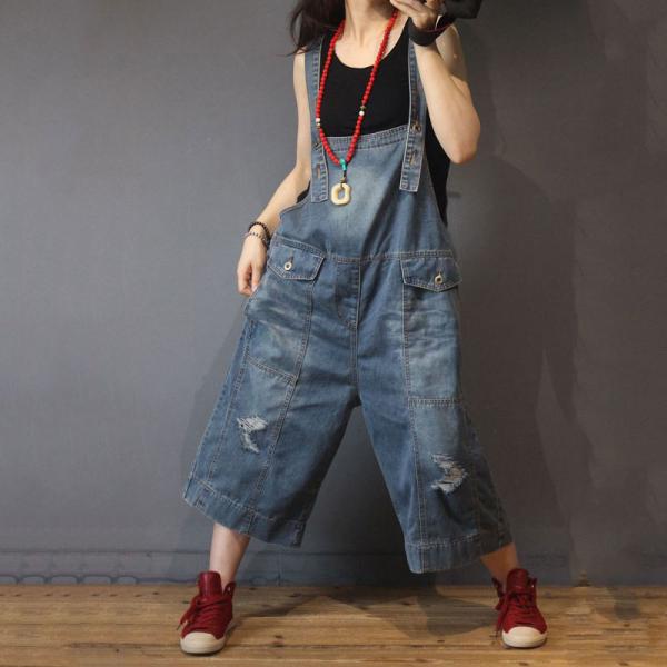 Flap Pockets Wide Leg Dungarees Distressed Jean Overalls