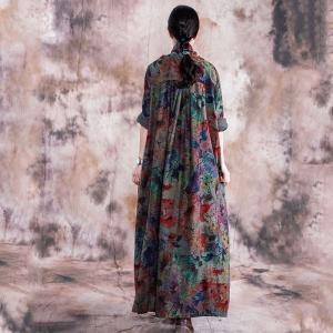 Loose-Fitting Wrap Printed Maxi Dress Long Sleeve Linen Dress