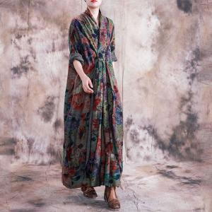 Loose-Fitting Wrap Printed Maxi Dress Long Sleeve Linen Dress