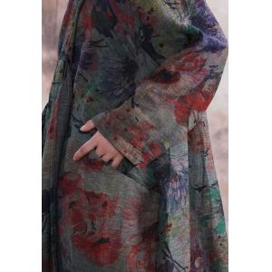 Loose-Fitting Wrap Printed Maxi Dress Long Sleeve Linen Dress
