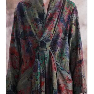 Loose-Fitting Wrap Printed Maxi Dress Long Sleeve Linen Dress