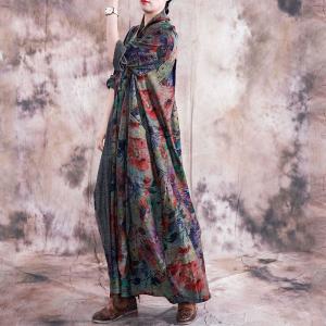 Loose-Fitting Wrap Printed Maxi Dress Long Sleeve Linen Dress