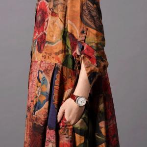 Single-Breasted Printed Maxi Dress  Empire Waist Silk Long Shirt Dress