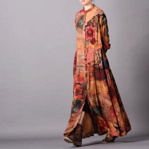 Single-Breasted Printed Maxi Dress  Empire Waist Silk Long Shirt Dress