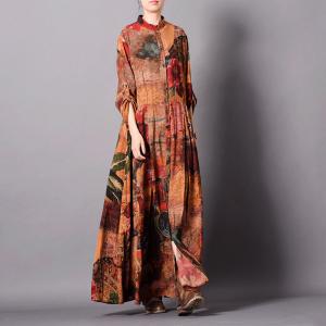 Single-Breasted Printed Maxi Dress  Empire Waist Silk Long Shirt Dress