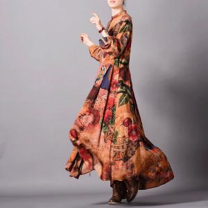 Single-Breasted Printed Maxi Dress  Empire Waist Silk Long Shirt Dress