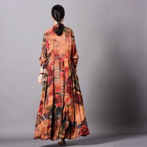 Single-Breasted Printed Maxi Dress  Empire Waist Silk Long Shirt Dress