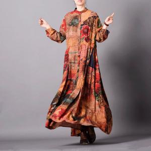 Single-Breasted Printed Maxi Dress  Empire Waist Silk Long Shirt Dress