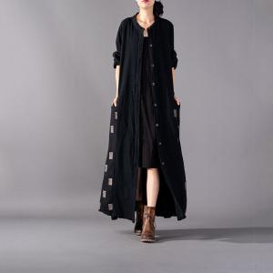 Long Button Up Shirt Dress Black Cotton Linen Frock