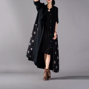 Long Button Up Shirt Dress Black Cotton Linen Frock