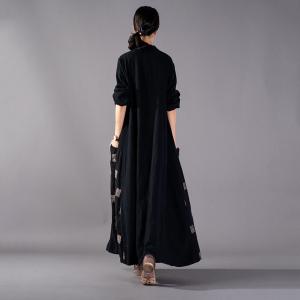 Long Button Up Shirt Dress Black Cotton Linen Frock