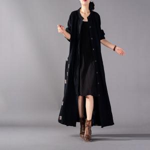 Long Button Up Shirt Dress Black Cotton Linen Frock