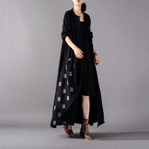 Long Button Up Shirt Dress Black Cotton Linen Frock