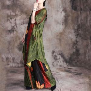 Asymmetrical Printed Long Tunic with Loose Palazzo Pants for Senior Women