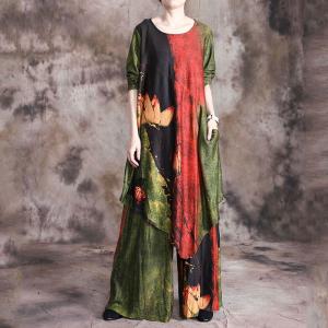 Asymmetrical Printed Long Tunic with Loose Palazzo Pants for Senior Women