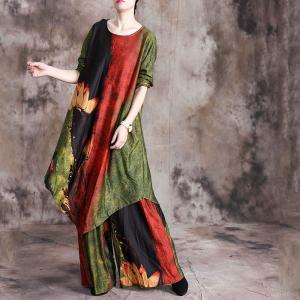 Asymmetrical Printed Long Tunic with Loose Palazzo Pants for Senior Women