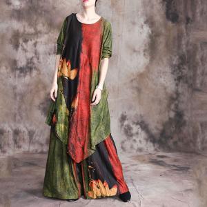 Asymmetrical Printed Long Tunic with Loose Palazzo Pants for Senior Women