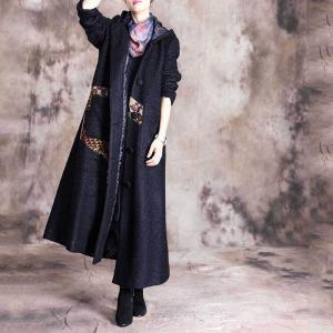 Printed Patchwork Winter Hooded Coat Wool Maxi Overcoat for Women