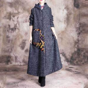 Printed Patchwork Winter Hooded Coat Wool Maxi Overcoat for Women