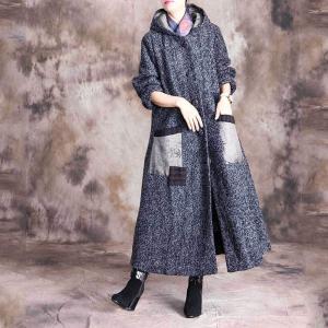 Contrast-Colored Pockets Plus Size Coat Wool Hoodie Tweed Coat
