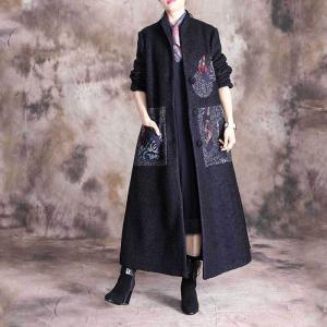 Stand Collar Ethnic Patchwork Tweed Coat Wool Blend H-Shaped Coat