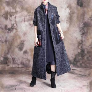 Stand Collar Ethnic Patchwork Tweed Coat Wool Blend H-Shaped Coat