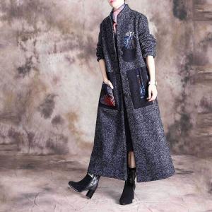 Stand Collar Ethnic Patchwork Tweed Coat Wool Blend H-Shaped Coat