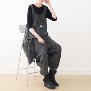 Crew Neck Asymmetrical Vest with Linen Striped Harem Pants