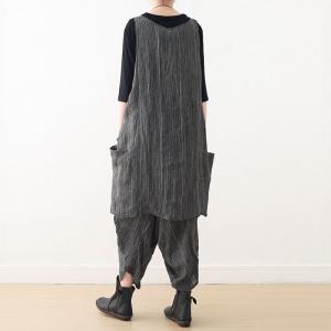 Crew Neck Asymmetrical Vest with Linen Striped Harem Pants