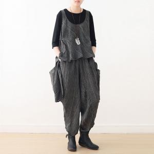 Crew Neck Asymmetrical Vest with Linen Striped Harem Pants