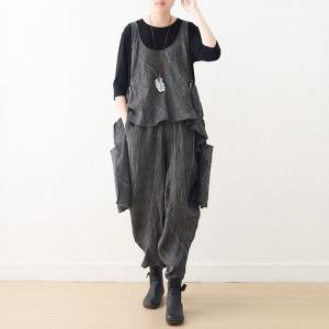 Crew Neck Asymmetrical Vest with Linen Striped Harem Pants