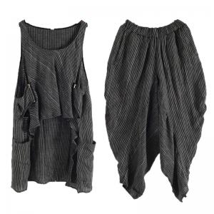 Crew Neck Asymmetrical Vest with Linen Striped Harem Pants