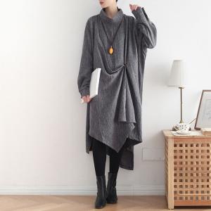 Stand Collar Long Sleeve Designer Caftan Cotton Linen Knotted Dress