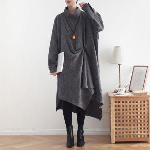 Stand Collar Long Sleeve Designer Caftan Cotton Linen Knotted Dress