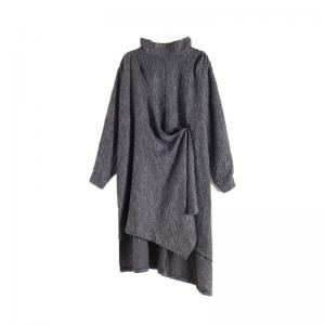 Stand Collar Long Sleeve Designer Caftan Cotton Linen Knotted Dress