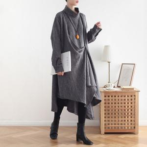 Stand Collar Long Sleeve Designer Caftan Cotton Linen Knotted Dress