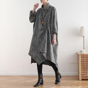 Stand Collar Long Sleeve Designer Caftan Cotton Linen Knotted Dress