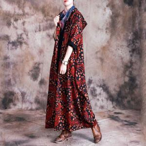 Paisley Printed Long Hooded Coat Vintage Flare Outerwear