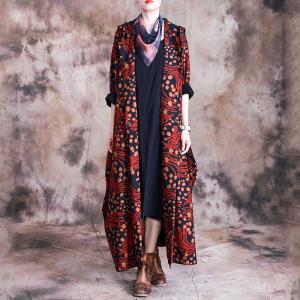 Paisley Printed Long Hooded Coat Vintage Flare Outerwear