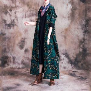 Paisley Printed Long Hooded Coat Vintage Flare Outerwear