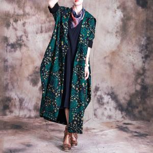 Paisley Printed Long Hooded Coat Vintage Flare Outerwear