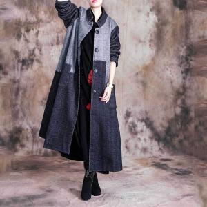 Gray and Black Plus Size Winter Coat Womans Woolen Single-Breasted Coat