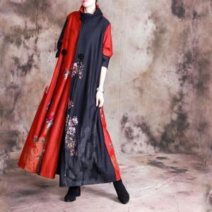 Senior Women Flowers Loose Winter Dress Stand Collar Chinese Dress