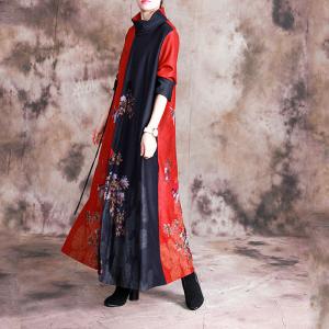 Senior Women Flowers Loose Winter Dress Stand Collar Chinese Dress