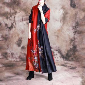 Senior Women Flowers Loose Winter Dress Stand Collar Chinese Dress