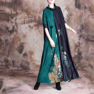 Senior Women Flowers Loose Winter Dress Stand Collar Chinese Dress