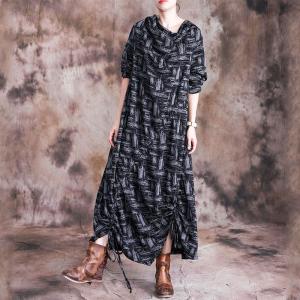 Mock Neck Pleated Casual Dress Cotton Loose Asymmetrical Dress