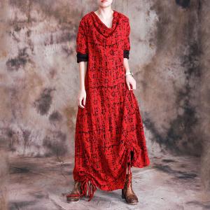 Mock Neck Pleated Casual Dress Cotton Loose Asymmetrical Dress