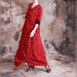 Mock Neck Pleated Casual Dress Cotton Loose Asymmetrical Dress