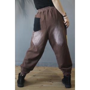 Baggy-Fit Color Block Cotton Pants Women Korean Fleece Trousers